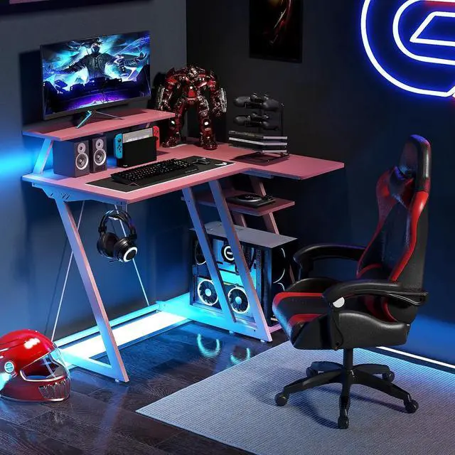 Alt view image 2 of 7 - Tangkula L Shaped Gaming Desk with Power Outlets, Small Gaming Computer Desk 39inch with Storage Shelf, Corner Desk with Carbon Fiber Texture, Gamer Desk Gaming Table (Pink)