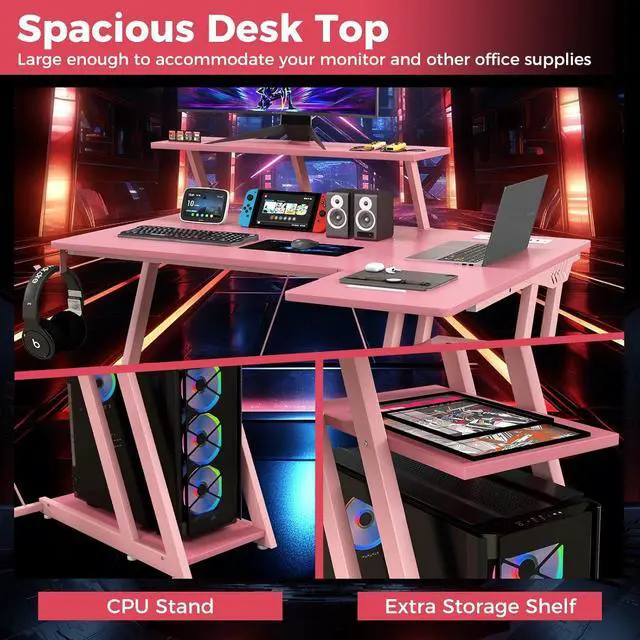 Alt view image 6 of 7 - Tangkula L Shaped Gaming Desk with Power Outlets, Small Gaming Computer Desk 39inch with Storage Shelf, Corner Desk with Carbon Fiber Texture, Gamer Desk Gaming Table (Pink)