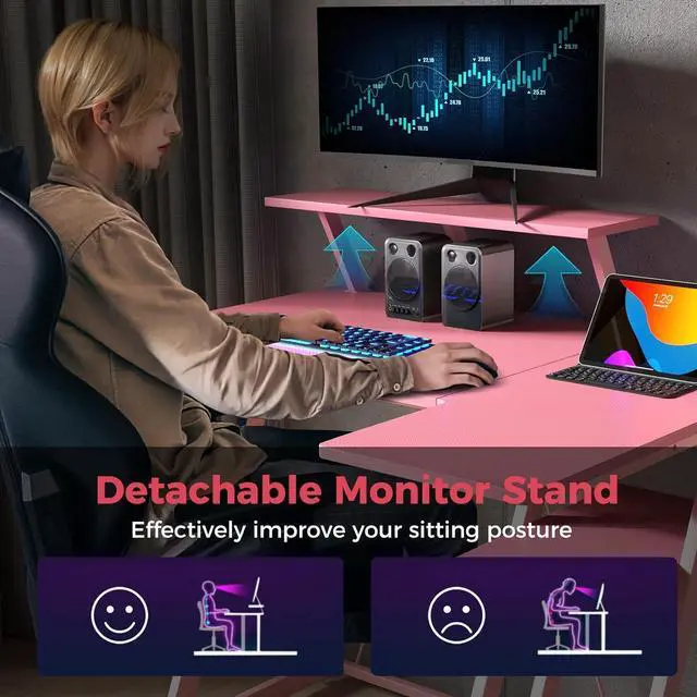 Alt view image 5 of 7 - Tangkula L Shaped Gaming Desk with Power Outlets, Small Gaming Computer Desk 39inch with Storage Shelf, Corner Desk with Carbon Fiber Texture, Gamer Desk Gaming Table (Pink)