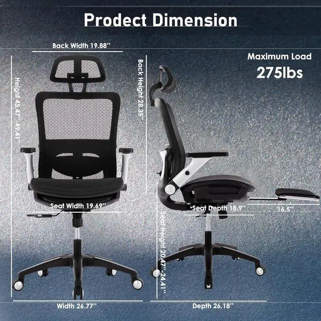 Alt view image 3 of 7 - COLAMY Ergonomic Mesh Office Chair with Footrest, High Back Computer Executive Desk Chair with Headrest and 4D Flip-up Armrests, Adjustable Tilt Lock and Lumbar Support-Black
