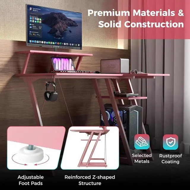 Alt view image 7 of 7 - Tangkula L Shaped Gaming Desk with Power Outlets, Small Gaming Computer Desk 39inch with Storage Shelf, Corner Desk with Carbon Fiber Texture, Gamer Desk Gaming Table (Pink)