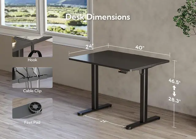 Alt view image 3 of 7 - Electric Standing Desk, Adjustable Height Stand up Desk, 40x24 Inches Sit Stand Home Office Desk with Splice Board, Black Frame/Black Top