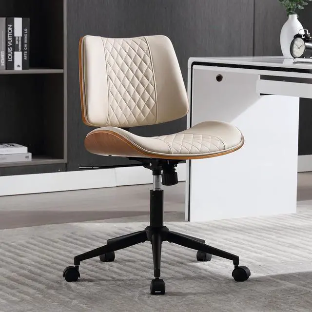 Main image of Home Office Chair No Arms with Wheels, Adjustable Height Small Desk Chair, PU Leather Mid Back 360 Swivel Computer Armless Modern Walnut for Office, Reading Meeting Room(Beige) by DT