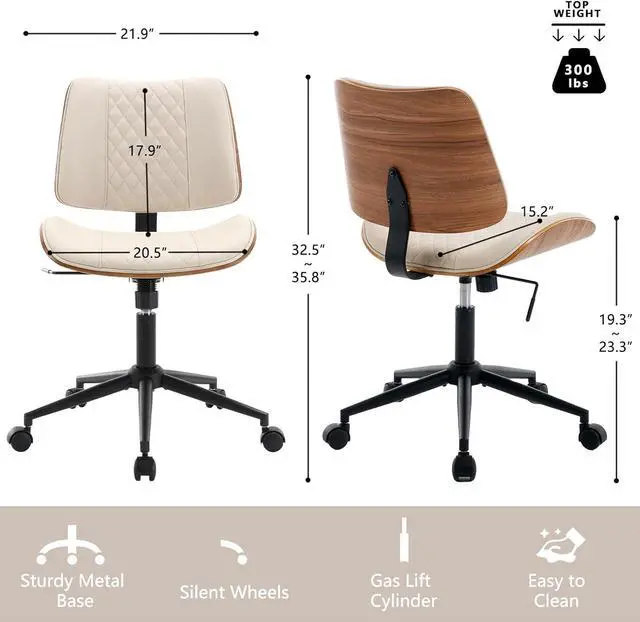 Alt view image 2 of 7 - Home Office Chair No Arms with Wheels, Adjustable Height Small Desk Chair, PU Leather Mid Back 360 Swivel Computer Armless Modern Walnut for Office, Reading Meeting Room(Beige) by DT