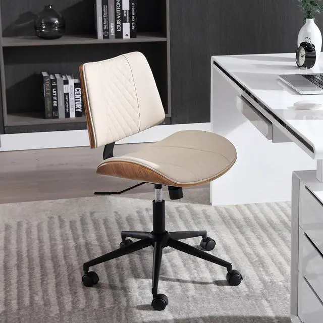 Alt view image 4 of 7 - Home Office Chair No Arms with Wheels, Adjustable Height Small Desk Chair, PU Leather Mid Back 360 Swivel Computer Armless Modern Walnut for Office, Reading Meeting Room(Beige) by DT