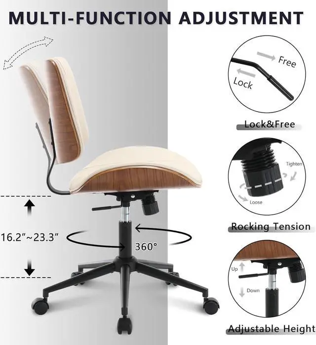 Alt view image 5 of 7 - Home Office Chair No Arms with Wheels, Adjustable Height Small Desk Chair, PU Leather Mid Back 360 Swivel Computer Armless Modern Walnut for Office, Reading Meeting Room(Beige) by DT