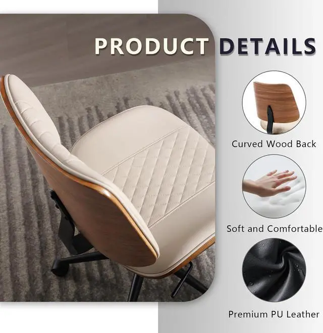 Alt view image 6 of 7 - Home Office Chair No Arms with Wheels, Adjustable Height Small Desk Chair, PU Leather Mid Back 360 Swivel Computer Armless Modern Walnut for Office, Reading Meeting Room(Beige) by DT