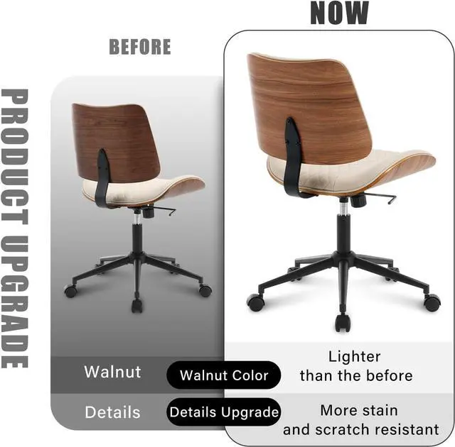 Alt view image 7 of 7 - Home Office Chair No Arms with Wheels, Adjustable Height Small Desk Chair, PU Leather Mid Back 360 Swivel Computer Armless Modern Walnut for Office, Reading Meeting Room(Beige) by DT