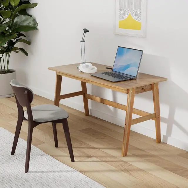 Alt view image 2 of 7 - Dicunoy Computer Desk with 2 Drawers, 46" Solid Bamboo Home Office Writing Desk for Small Space, Compact Simple Tables with Gap Design and Hook for PC, Laptop, Students, Study, Makeup, Bedroom