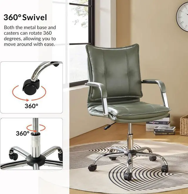 Alt view image 4 of 7 - HULALA HOME Faux Leather Home Office Desk Chair, Adjustable Swivel Computer Chair with Sliver Legs and Arms, Comfy Upholstered Task Chair(Sage)