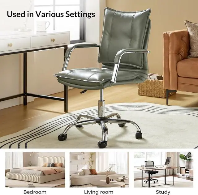 Alt view image 6 of 7 - HULALA HOME Faux Leather Home Office Desk Chair, Adjustable Swivel Computer Chair with Sliver Legs and Arms, Comfy Upholstered Task Chair(Sage)