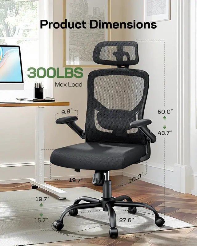 Alt view image 2 of 7 - Marsail Ergonomic Mesh Office Chair High Back Desk Chair Adjustable Lumbar Support with Headrest Flip-Up Liftable Arms Swivel Computer Task Chair for Big and Tall People