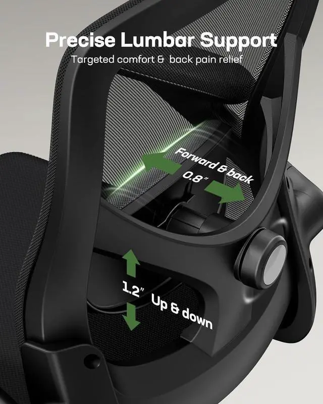 Alt view image 4 of 7 - Marsail Ergonomic Mesh Office Chair High Back Desk Chair Adjustable Lumbar Support with Headrest Flip-Up Liftable Arms Swivel Computer Task Chair for Big and Tall People