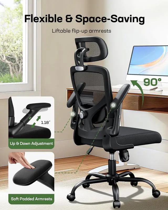 Alt view image 3 of 7 - Marsail Ergonomic Mesh Office Chair High Back Desk Chair Adjustable Lumbar Support with Headrest Flip-Up Liftable Arms Swivel Computer Task Chair for Big and Tall People