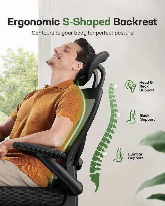 Alt view image 5 of 7 - Marsail Ergonomic Mesh Office Chair High Back Desk Chair Adjustable Lumbar Support with Headrest Flip-Up Liftable Arms Swivel Computer Task Chair for Big and Tall People