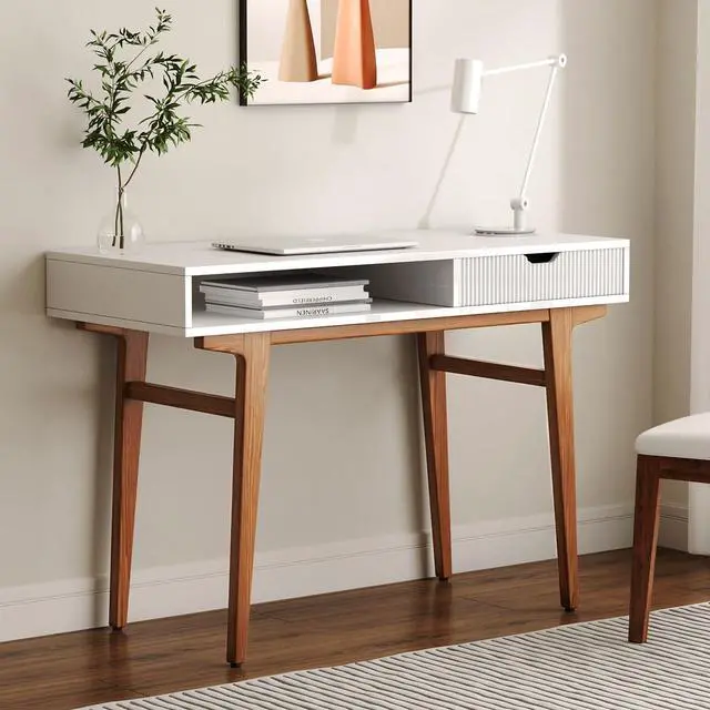 Main image of White Computer Desk with Drawers - 45 inch Minimalist Small Solid Wood Mid-Century Modern Office Desk for Home - Boho Style Writing Table with Open Storage,Light Wooden Desk Workspace