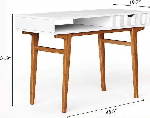 Alt view image 2 of 7 - White Computer Desk with Drawers - 45 inch Minimalist Small Solid Wood Mid-Century Modern Office Desk for Home - Boho Style Writing Table with Open Storage,Light Wooden Desk Workspace