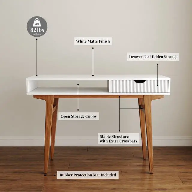 Alt view image 3 of 7 - White Computer Desk with Drawers - 45 inch Minimalist Small Solid Wood Mid-Century Modern Office Desk for Home - Boho Style Writing Table with Open Storage,Light Wooden Desk Workspace