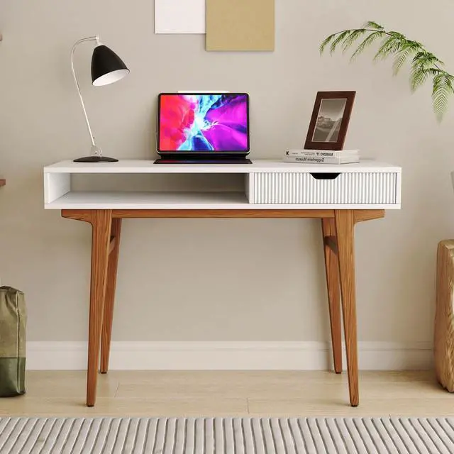 Alt view image 4 of 7 - White Computer Desk with Drawers - 45 inch Minimalist Small Solid Wood Mid-Century Modern Office Desk for Home - Boho Style Writing Table with Open Storage,Light Wooden Desk Workspace