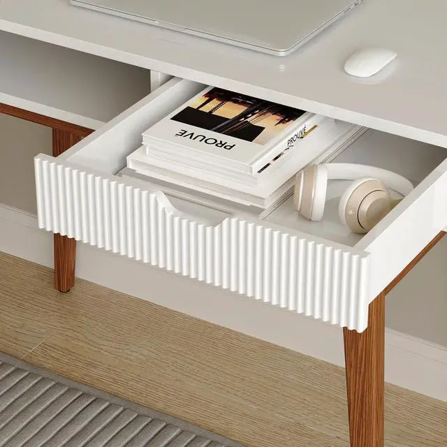 Alt view image 5 of 7 - White Computer Desk with Drawers - 45 inch Minimalist Small Solid Wood Mid-Century Modern Office Desk for Home - Boho Style Writing Table with Open Storage,Light Wooden Desk Workspace