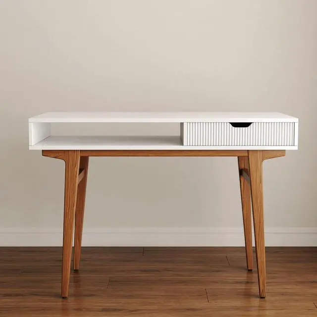 Alt view image 7 of 7 - White Computer Desk with Drawers - 45 inch Minimalist Small Solid Wood Mid-Century Modern Office Desk for Home - Boho Style Writing Table with Open Storage,Light Wooden Desk Workspace