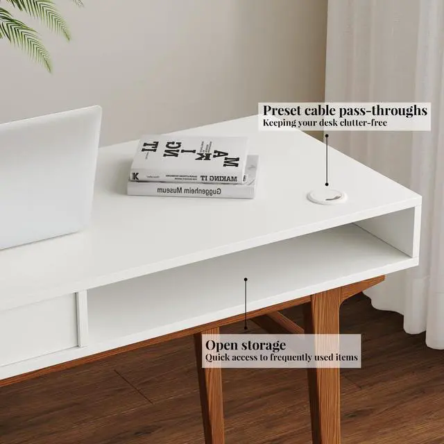 Alt view image 6 of 7 - White Computer Desk with Drawers - 45 inch Minimalist Small Solid Wood Mid-Century Modern Office Desk for Home - Boho Style Writing Table with Open Storage,Light Wooden Desk Workspace
