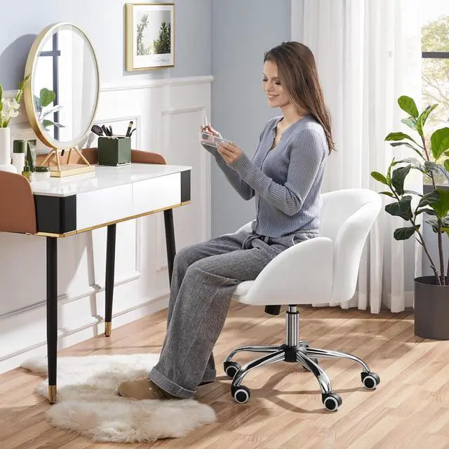 Alt view image 5 of 7 - Yaheetech Cute Desk Chair for Home Office, Adjustable Vanity Chair Modern Upholstered Chair Swivel Rolling Task Chair with Armrests for Work, Study, Living Room, Bedroom, Snowy