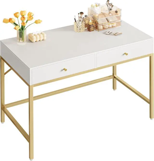 Main image of SUPERJARE 39.4" White and Gold Desk with 2 Drawers, Modern Makeup Vanity Desk, Small Computer Desk Home Office Desk for Writing Study Bedroom