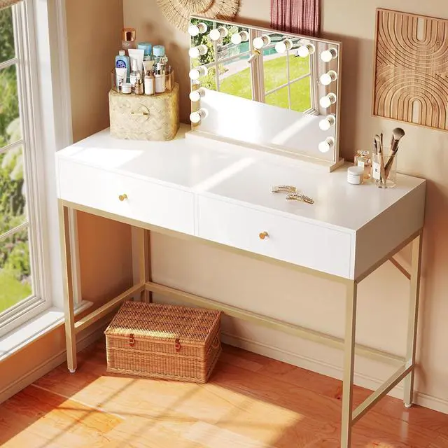 Alt view image 2 of 7 - SUPERJARE 39.4" White and Gold Desk with 2 Drawers, Modern Makeup Vanity Desk, Small Computer Desk Home Office Desk for Writing Study Bedroom