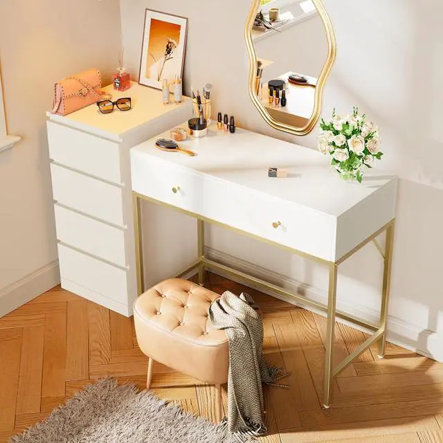 Alt view image 7 of 7 - SUPERJARE 39.4" White and Gold Desk with 2 Drawers, Modern Makeup Vanity Desk, Small Computer Desk Home Office Desk for Writing Study Bedroom