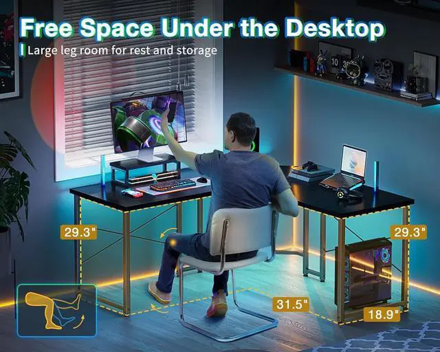 Alt view image 3 of 7 - AODK L Shaped Gaming Desk, Computer Corner Desk, PC Gaming Desk Table with Large Monitor Riser Stand for Home Office Sturdy Writing Workstation,51 * 19 inch,Classical Black