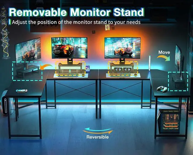 Alt view image 5 of 7 - AODK L Shaped Gaming Desk, Computer Corner Desk, PC Gaming Desk Table with Large Monitor Riser Stand for Home Office Sturdy Writing Workstation,51 * 19 inch,Classical Black