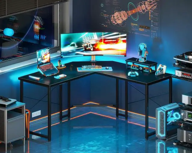 Alt view image 2 of 7 - AODK L Shaped Gaming Desk, Computer Corner Desk, PC Gaming Desk Table with Large Monitor Riser Stand for Home Office Sturdy Writing Workstation,51 * 19 inch,Classical Black