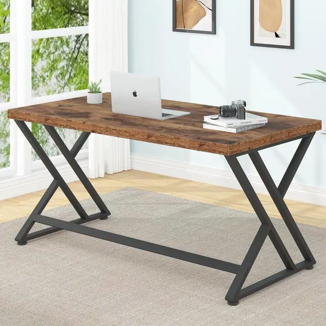 Alt view image 3 of 7 - LVB Rustic Wood Computer Desk, Metal Home Executive Office Desk, Industrial Large Gaming Writing Desk with Storage, Wooden Student Study Computer Table for Bedroom Living Room, Rustic Brown, 60 Inch