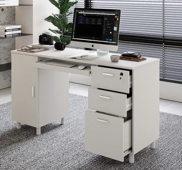 Main image of Modern Design Venice Computer Office Desk with 3 Locking Drawers and Storage Cabinet, 53 Inch Home and Office Executive White Desk with Keyboard Tray by Crafts and Comfort