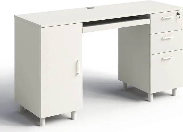 Alt view image 3 of 7 - Modern Design Venice Computer Office Desk with 3 Locking Drawers and Storage Cabinet, 53 Inch Home and Office Executive White Desk with Keyboard Tray by Crafts and Comfort