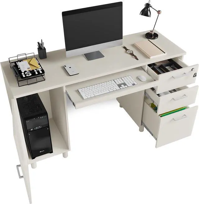 Alt view image 4 of 7 - Modern Design Venice Computer Office Desk with 3 Locking Drawers and Storage Cabinet, 53 Inch Home and Office Executive White Desk with Keyboard Tray by Crafts and Comfort