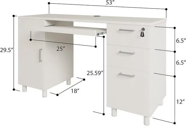 Alt view image 2 of 7 - Modern Design Venice Computer Office Desk with 3 Locking Drawers and Storage Cabinet, 53 Inch Home and Office Executive White Desk with Keyboard Tray by Crafts and Comfort