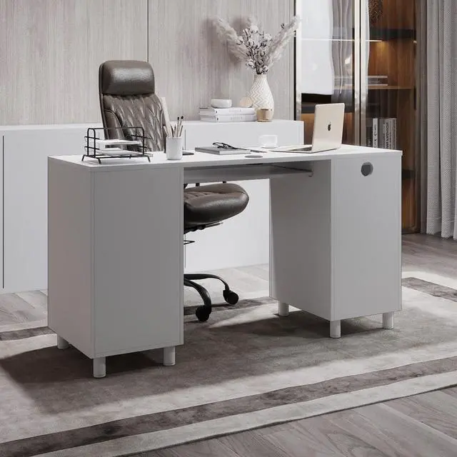 Alt view image 5 of 7 - Modern Design Venice Computer Office Desk with 3 Locking Drawers and Storage Cabinet, 53 Inch Home and Office Executive White Desk with Keyboard Tray by Crafts and Comfort