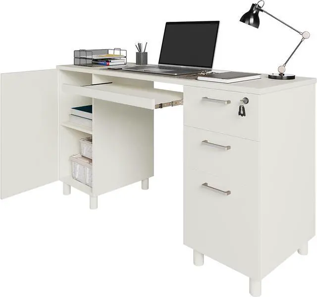 Alt view image 6 of 7 - Modern Design Venice Computer Office Desk with 3 Locking Drawers and Storage Cabinet, 53 Inch Home and Office Executive White Desk with Keyboard Tray by Crafts and Comfort