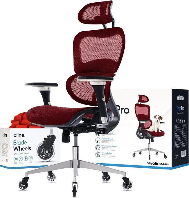 Main image of Oline ErgoPro Ergonomic Office Chair - Rolling Desk Chair with 4D Adjustable Armrest, 3D Lumbar Support and Blade Wheels - Mesh Computer Chair, Gaming Chairs, Executive Swivel Chair (Burgundy Red)