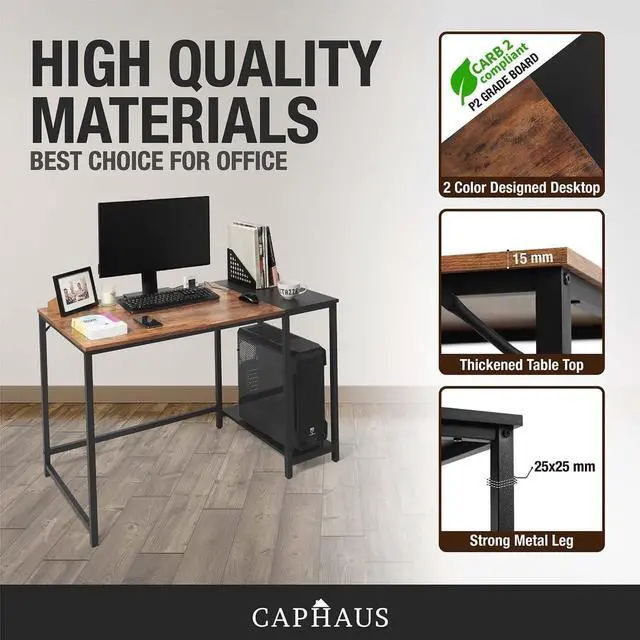 Alt view image 5 of 7 - CAPHAUS Computer Desk, 47 Inch Home Office Desk, Study Writing Desk with 2-Tier Storage Shelves, Simple Industrial Modern Laptop Workstation with Splice P2 Grade Wooden Board, Rustic Oak and Black