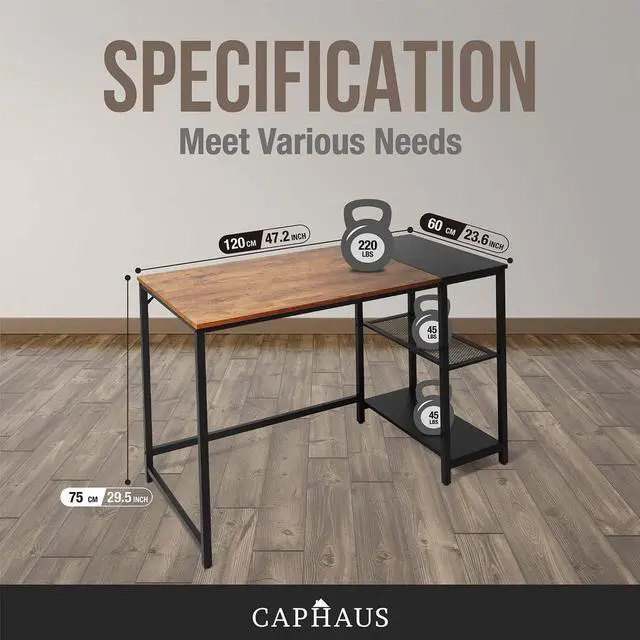 Alt view image 3 of 7 - CAPHAUS Computer Desk, 47 Inch Home Office Desk, Study Writing Desk with 2-Tier Storage Shelves, Simple Industrial Modern Laptop Workstation with Splice P2 Grade Wooden Board, Rustic Oak and Black