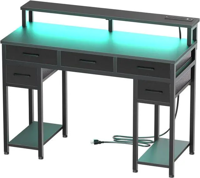 Main image of Black Computer Desk with Drawers, Gaming Desk with LED Light & Power Outlet, 47" Home Office Desk with Large Storage & Monitor Stand for Small Space