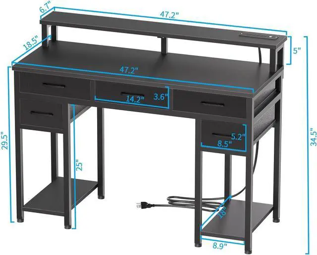 Alt view image 3 of 6 - Black Computer Desk with Drawers, Gaming Desk with LED Light & Power Outlet, 47" Home Office Desk with Large Storage & Monitor Stand for Small Space