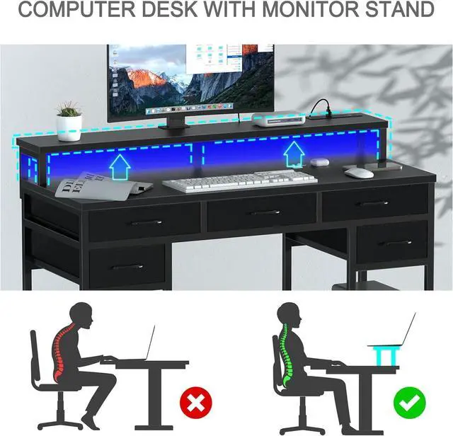 Alt view image 5 of 6 - Black Computer Desk with Drawers, Gaming Desk with LED Light & Power Outlet, 47" Home Office Desk with Large Storage & Monitor Stand for Small Space