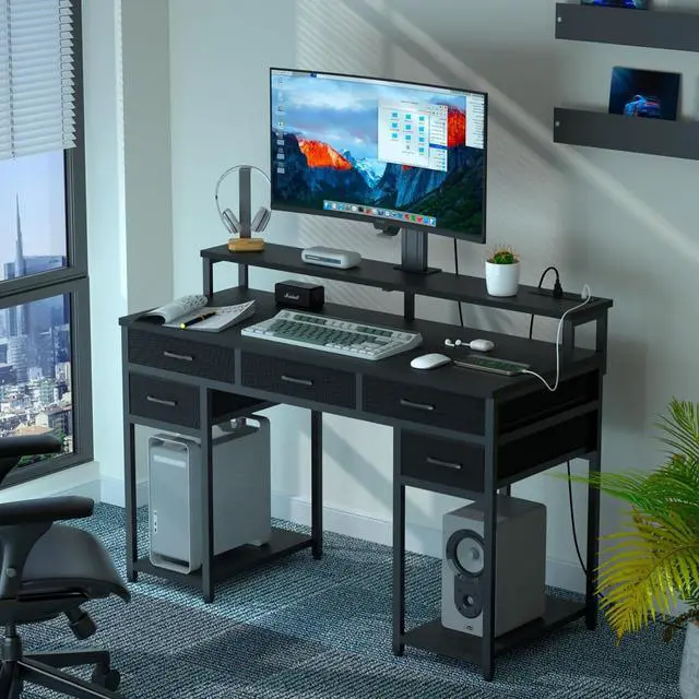Alt view image 2 of 6 - Black Computer Desk with Drawers, Gaming Desk with LED Light & Power Outlet, 47" Home Office Desk with Large Storage & Monitor Stand for Small Space