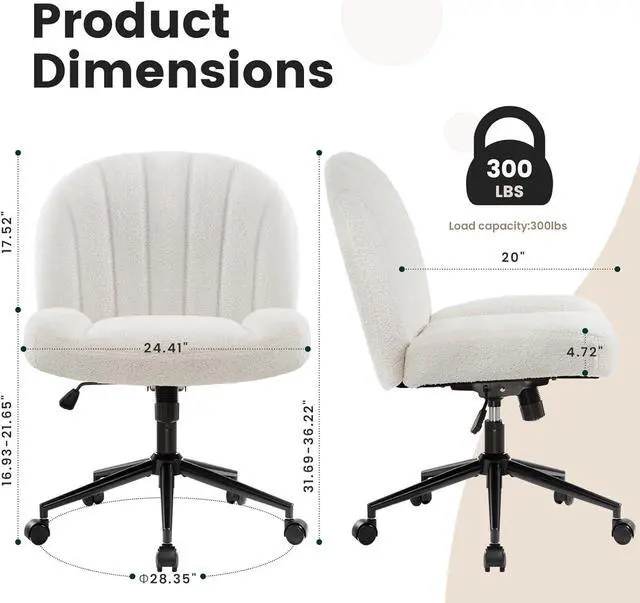 Alt view image 3 of 7 - Armless Office Desk Chair with Wheels,Ergonomic Criss Cross Legged Computer Chair with Fabric Padded, Height Adjustable Wide Seat Vanity Chair,Mid Back Task Chair for Home, Bedroom (White)