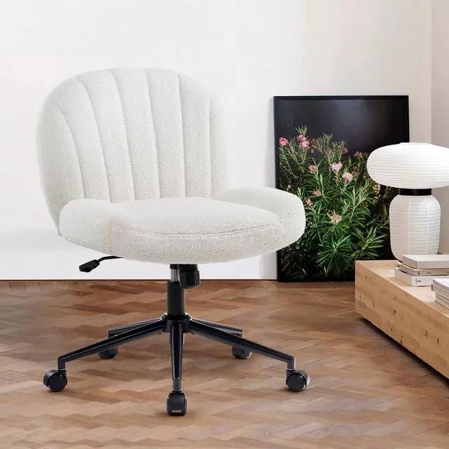 Alt view image 2 of 7 - Armless Office Desk Chair with Wheels,Ergonomic Criss Cross Legged Computer Chair with Fabric Padded, Height Adjustable Wide Seat Vanity Chair,Mid Back Task Chair for Home, Bedroom (White)
