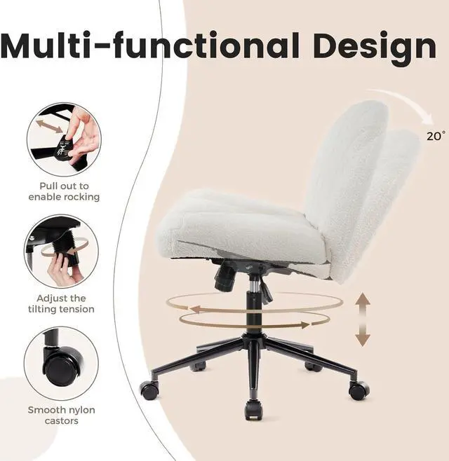 Alt view image 7 of 7 - Armless Office Desk Chair with Wheels,Ergonomic Criss Cross Legged Computer Chair with Fabric Padded, Height Adjustable Wide Seat Vanity Chair,Mid Back Task Chair for Home, Bedroom (White)